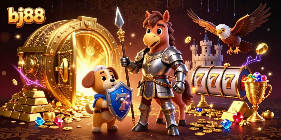 Engage with bj88's thrilling slots and games featuring a knight, puppy, and falcon amidst treasure.