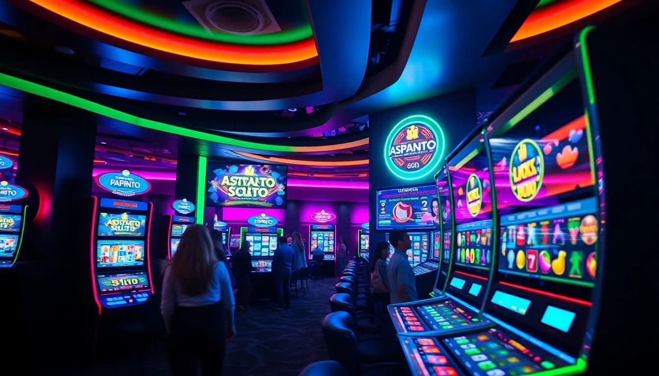 Dynamic gaming interface featuring asupantoto's online slot options in a vibrant lounge setting.