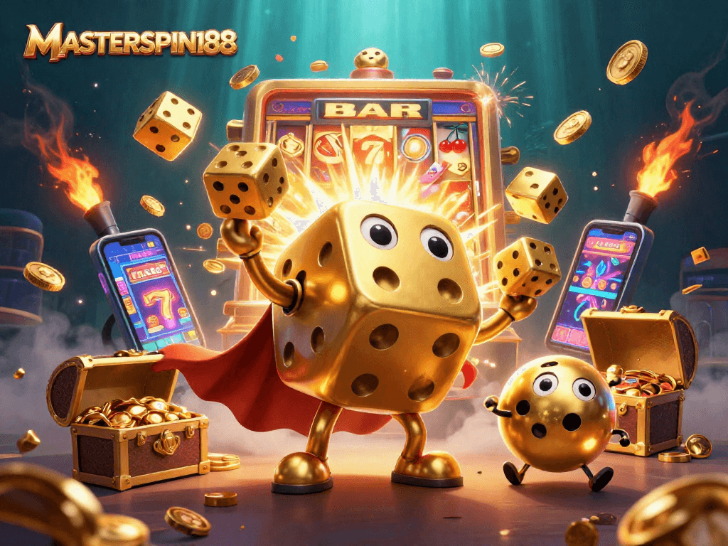 Engage with MASTERSPIN188 through an exciting casino illustration featuring vibrant characters and action-packed game elements.