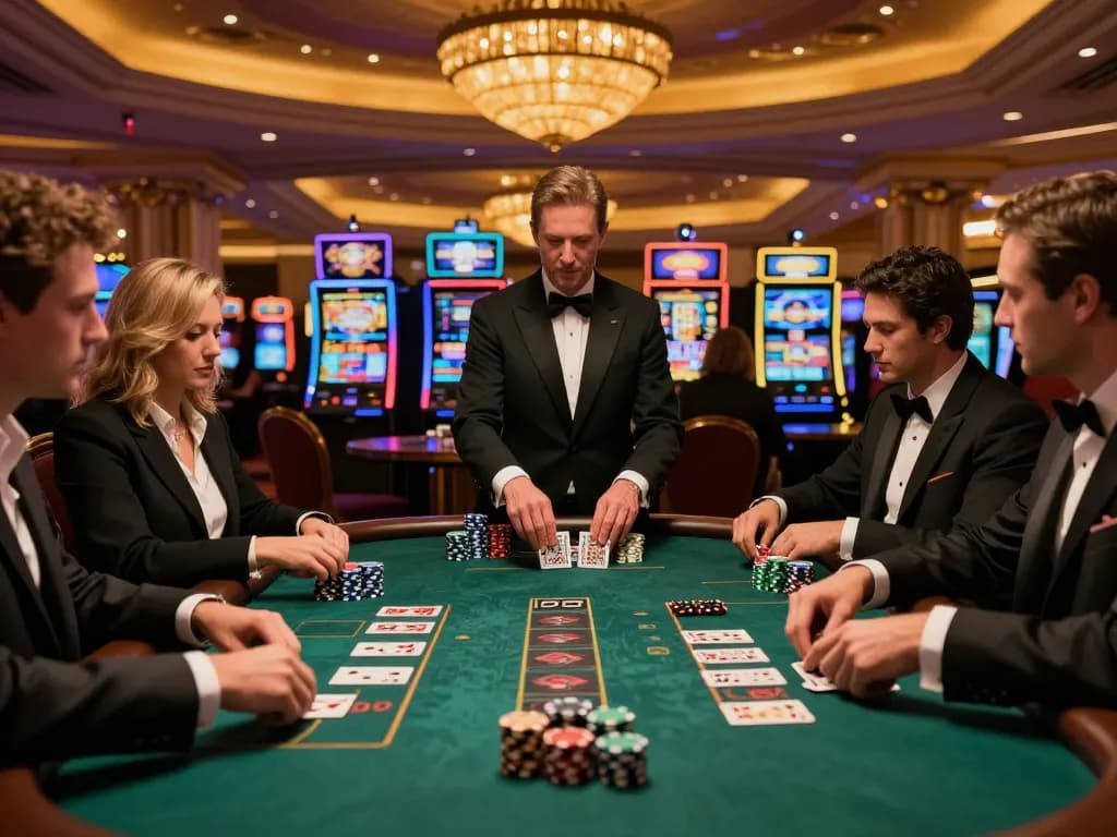 Tg88 players engaged at a blackjack table, showcasing strategic bets and vibrant casino atmosphere