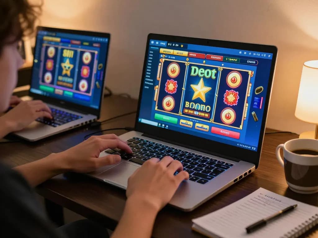 Engaging Slot Demo session displayed on a laptop in a warm home gaming setup.