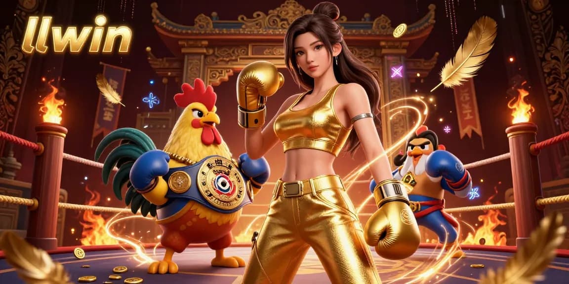 Experience thrilling action at llwin with a dynamic casino scene featuring a champion rooster and athletic woman.