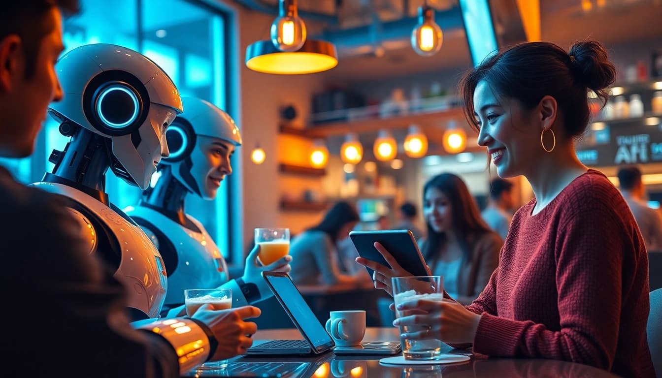 Interactive scene at a futuristic café showcasing crush ai technology for companionship.