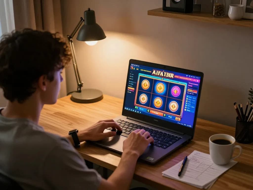 Engaging gameplay experience with alfa138 slot on laptop screen in a stylish home setup