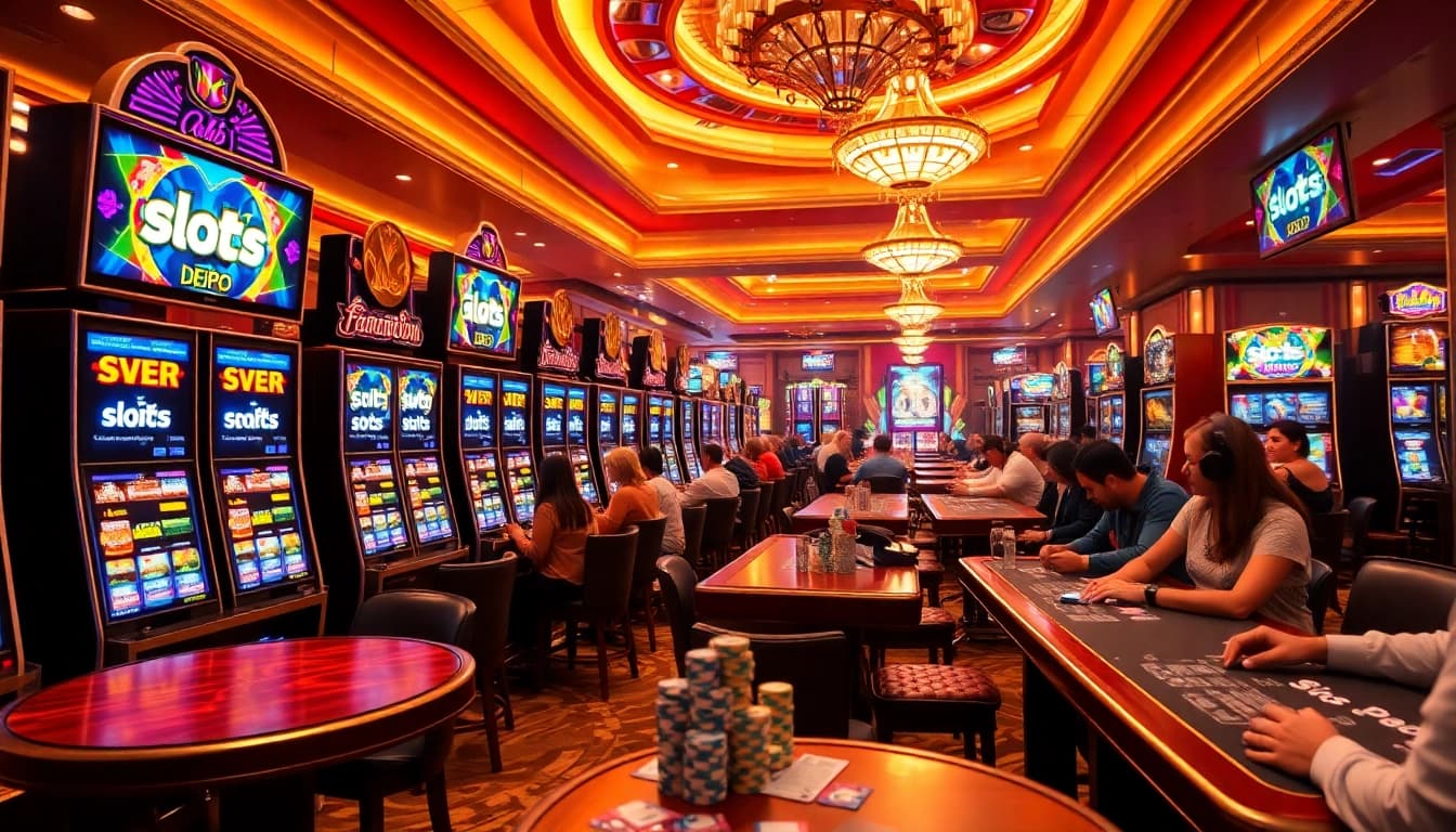 Players engaging with colorful slot machines highlighting the slot depo 25 bonus 28 offers in an exciting casino atmosphere.