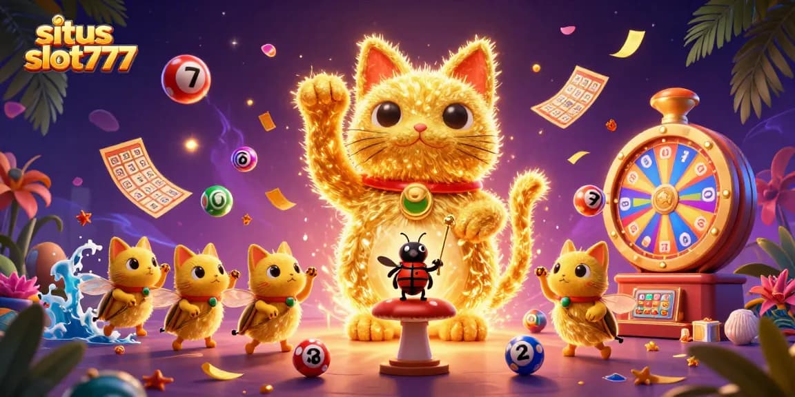 Experience the excitement of situs slot777 with a lively illustration featuring a giant lucky cat, colorful lottery elements, and vibrant casino symbols.
