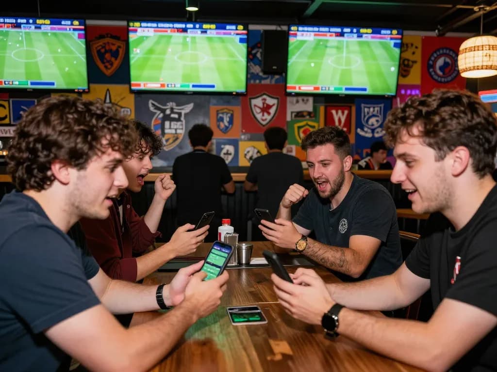 Kết quả bóng đá displayed dynamically in a lively sports betting scene, capturing real-time scores and enthusiastic fans.