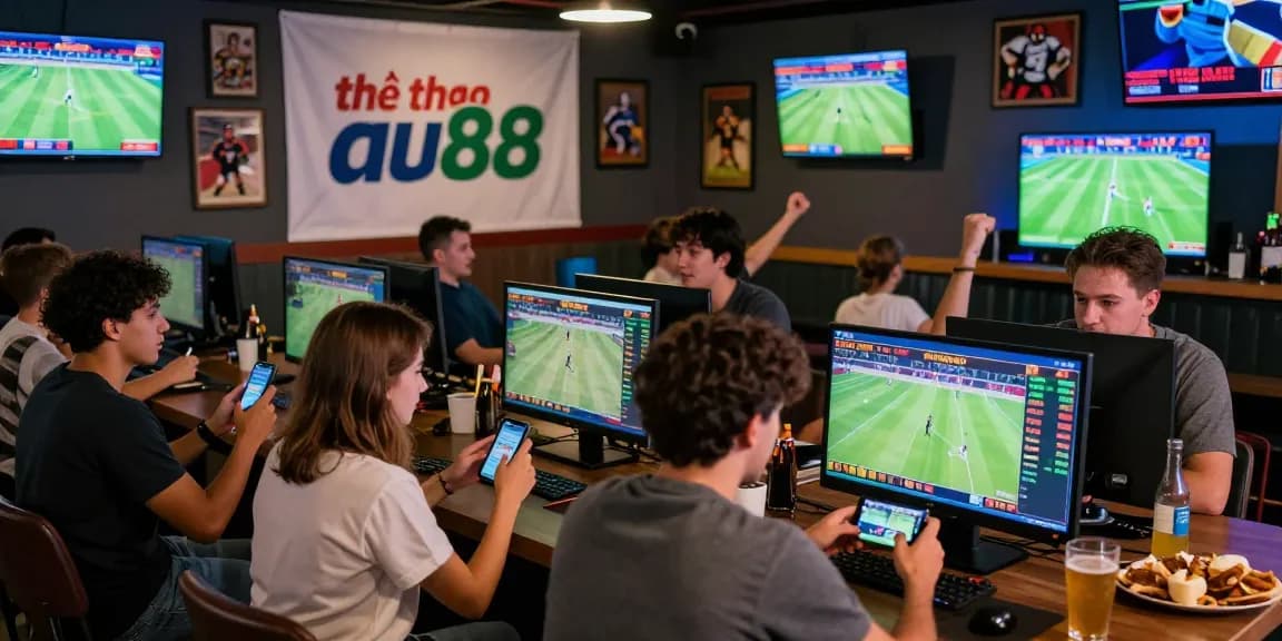 Fans engaging in sports betting activities showcasing thể thao au88 in a lively sports bar environment.
