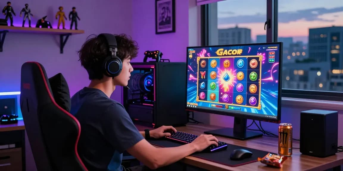 Engaged gamer focusing on a colorful slot gacor game in a modern gaming room.