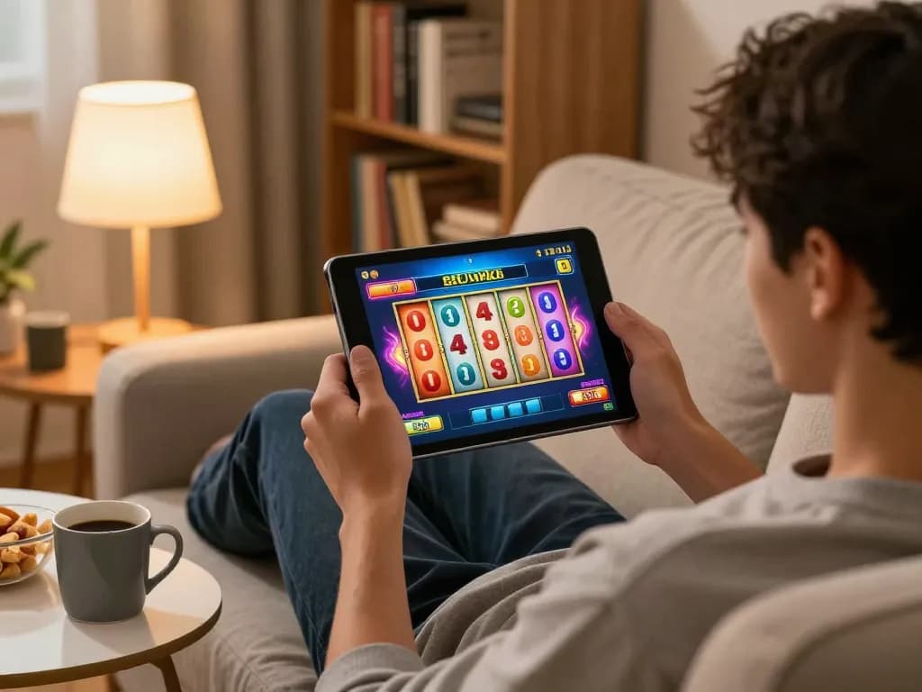 Player enjoying a thrilling toto slot 4d game on a tablet at home, surrounded by snacks and a warm atmosphere.