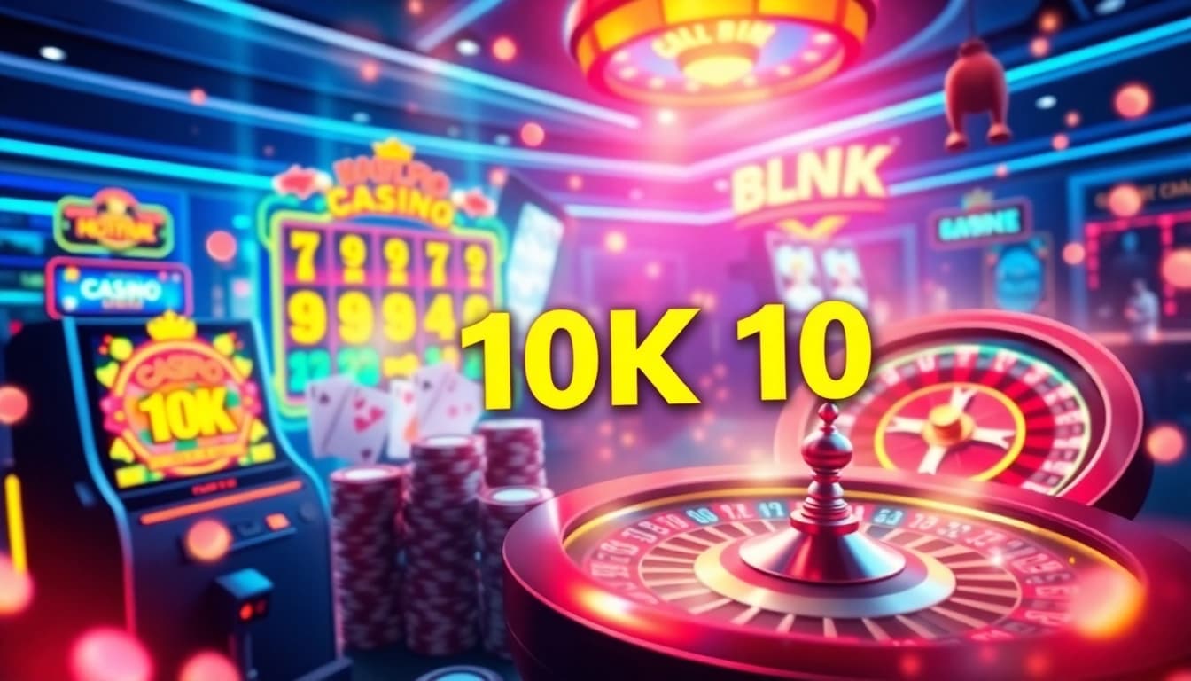 Situs depo 10k vibrant online gambling scene with slot machines and roulette wheels.