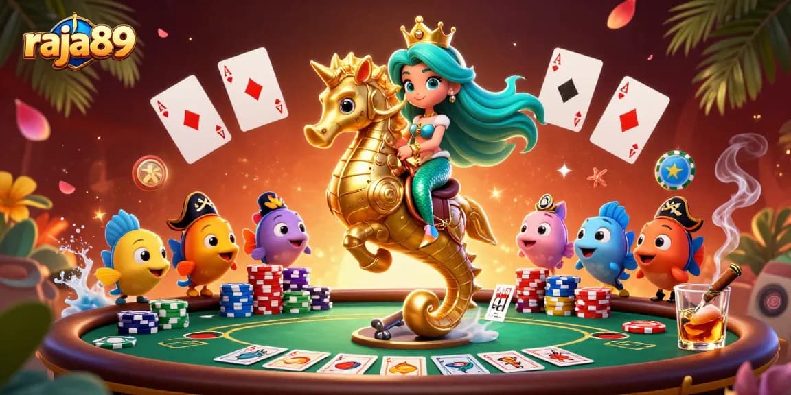 Play poker with raja89 in this vibrant 3D mermaid-themed casino scene.