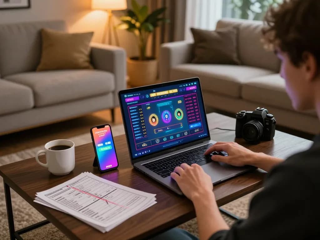 LGO99 player strategizing over online gaming interface with cozy home setup