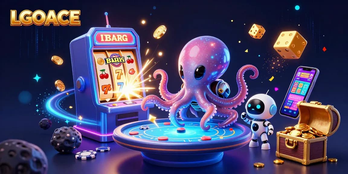 LGOACE, an alien octopus engages in poker at a holographic table, surrounded by vibrant casino elements.