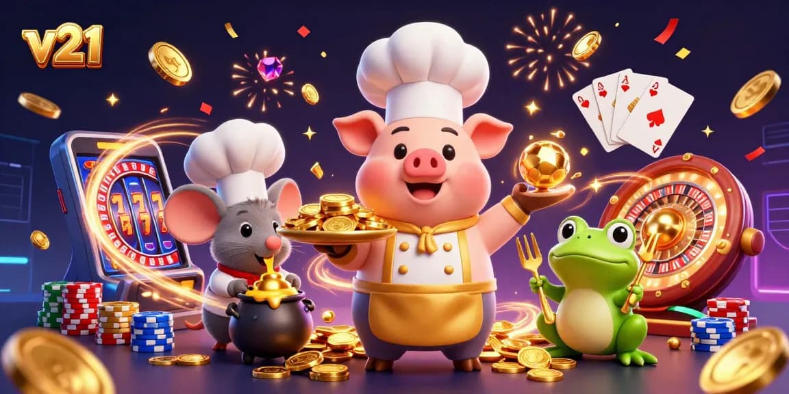Mainkan slot di v21 dengan chef kartun dan karakter unik dalam ilustrasi 3D yang menarik.