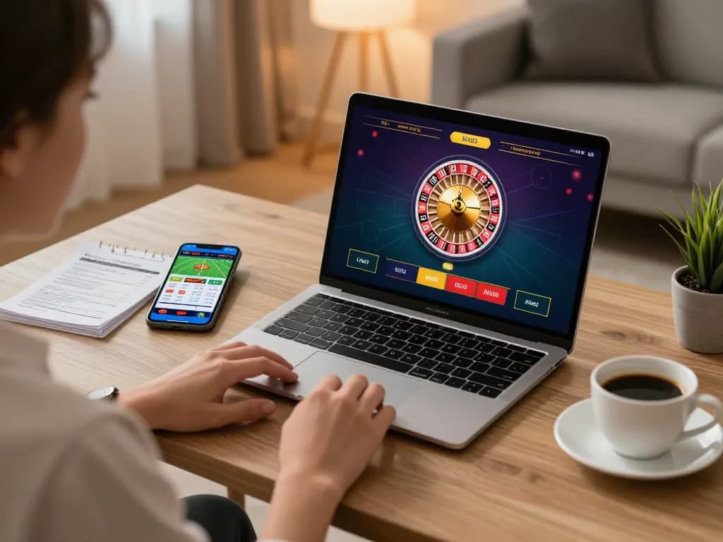 Player engaging with CM88 live dealer games on a laptop, showcasing at-home online casino excitement.