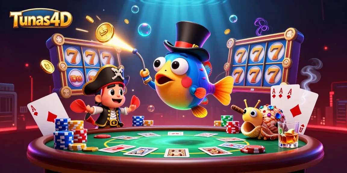 Tunas4D menarik perhatian pemain dengan ilustrasi karakter unik dan elemen poker yang menawan.