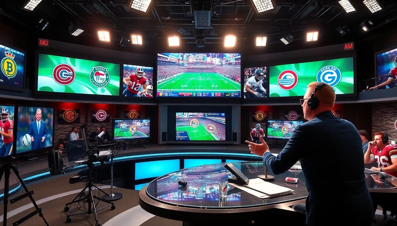 Engaging scene of Sports Broadcasting in a vibrant studio with enthusiastic anchors and live updates.