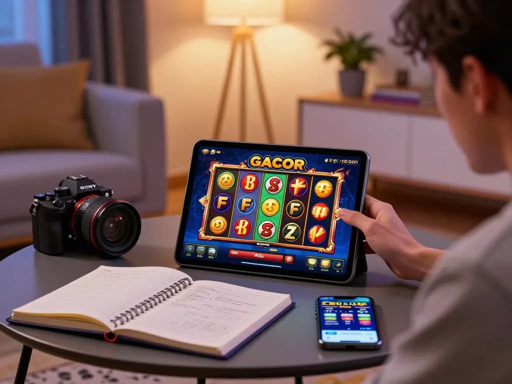 Player enjoying a thrilling Slot Gacor game on tablet, showcasing vibrant reels and strategic gameplay