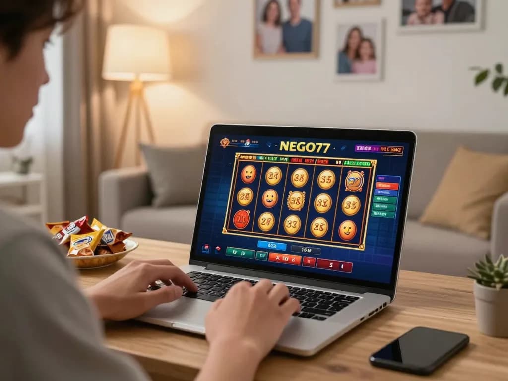 Nego77 player engaged with online slots in cozy living room setting, emphasizing strategic gaming.