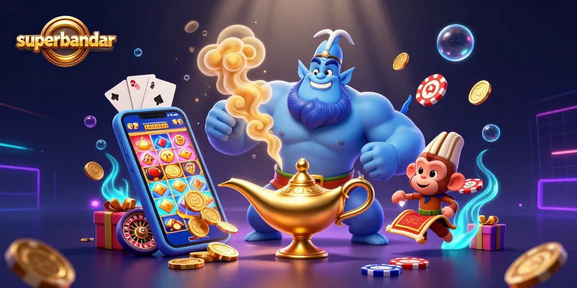 Superbandar menghadirkan ilustrasi kasino 3D yang penuh warna dan elemen permainan yang menarik.