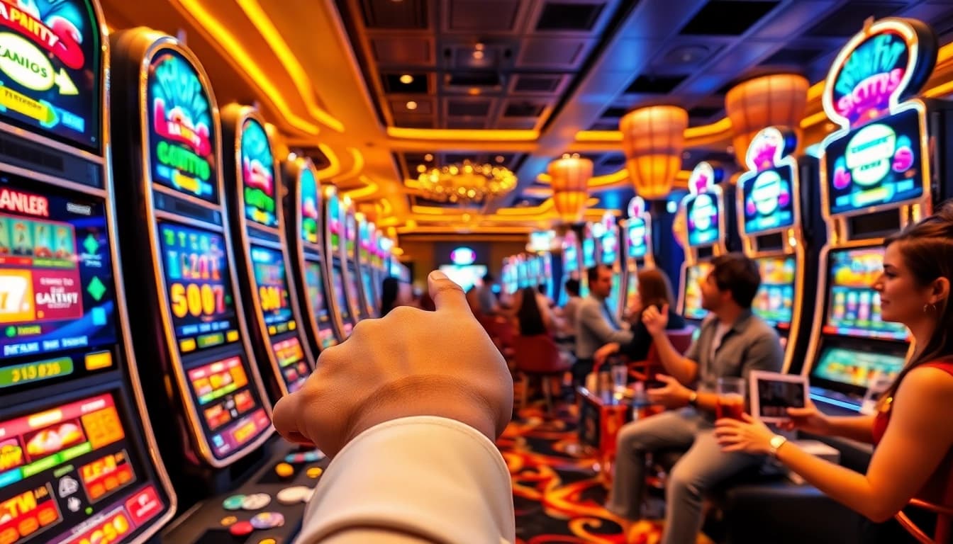 Excited players enjoying their wins while using slot777 login at vibrant slot machines in a luxurious casino.