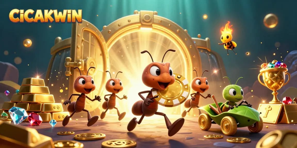CICAKWIN presents an exciting heist scene with ants stealing a giant poker chip in a vibrant casino environment.