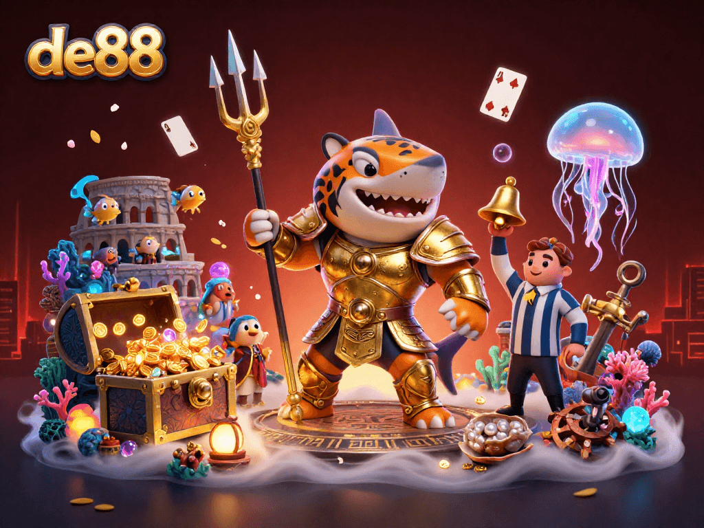 Engage with de88's thrilling underwater casino featuring a gladiator shark battling for treasures.