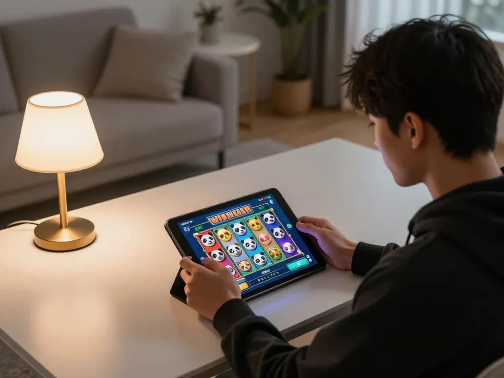 Aksi permainan slot Panda Win di tablet memikat gamer online dalam suasana modern yang nyaman.