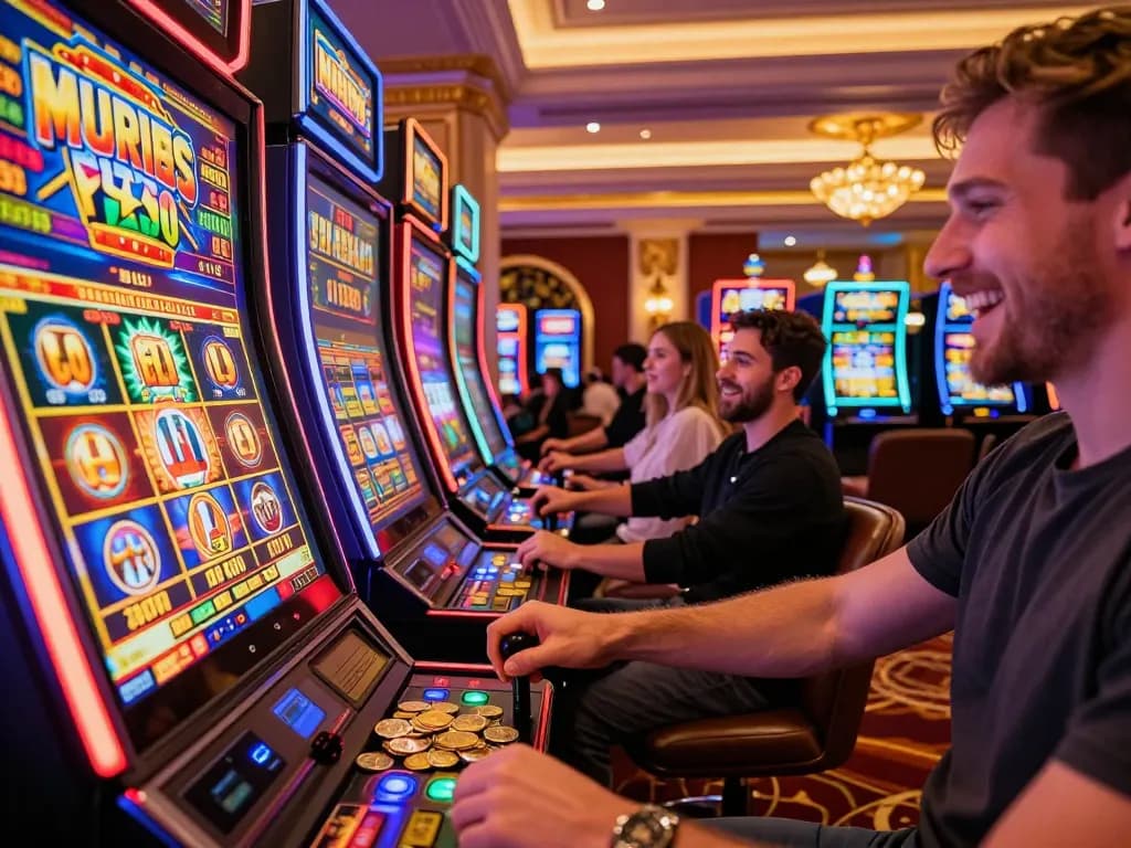Experience the excitement of playing Slot Demo machines with vivid colors and players celebrating wins.