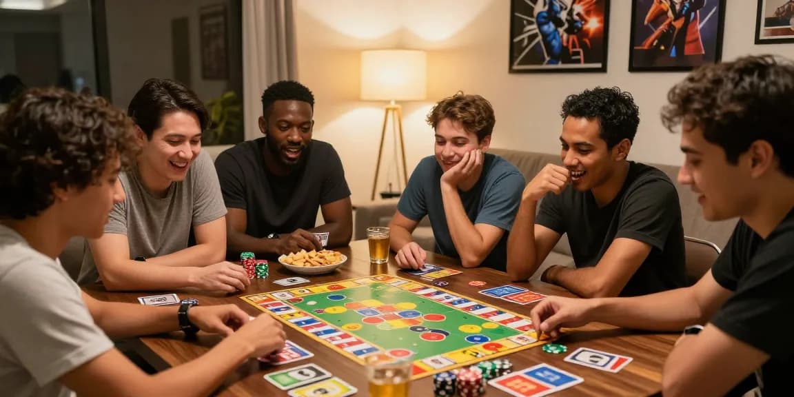 Friends enjoying a lively game night featuring situs togel with colorful cards and laughter.