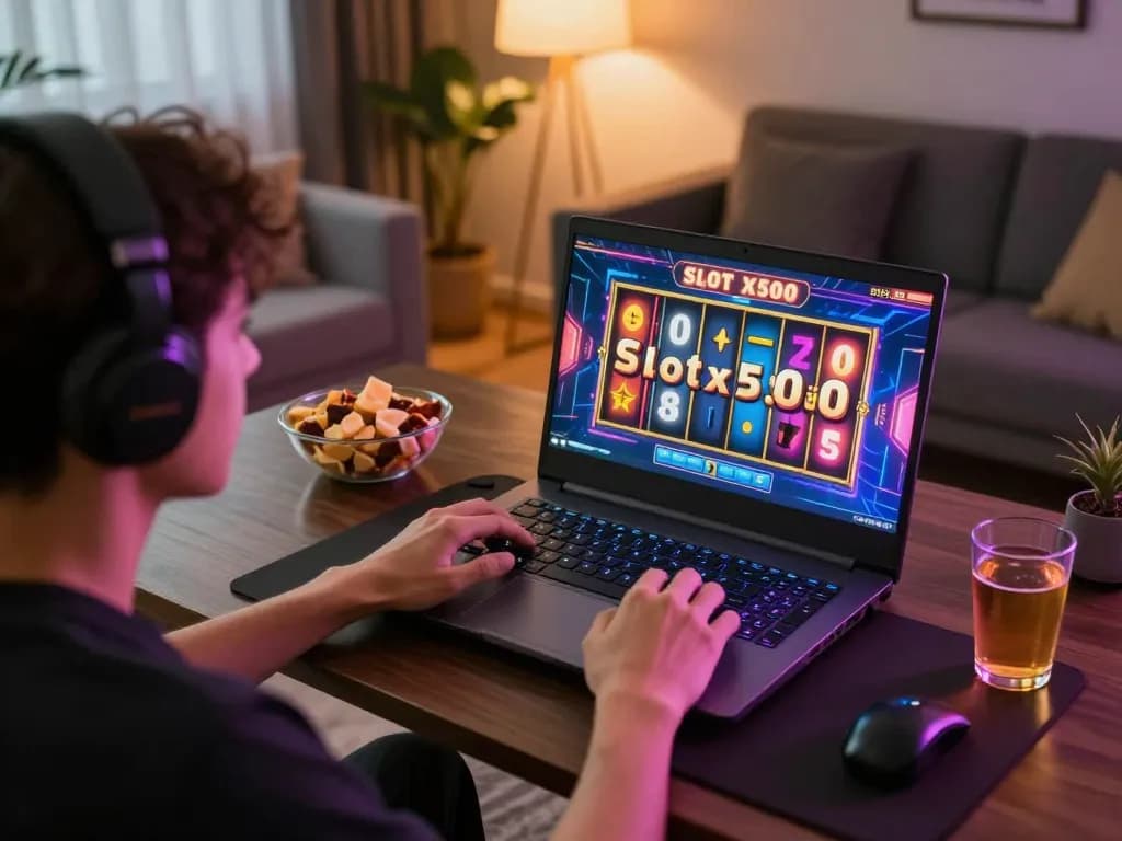 Engaging in Slot x500 gameplay on a laptop in a cozy home setup, showcasing vibrant reels and graphics.