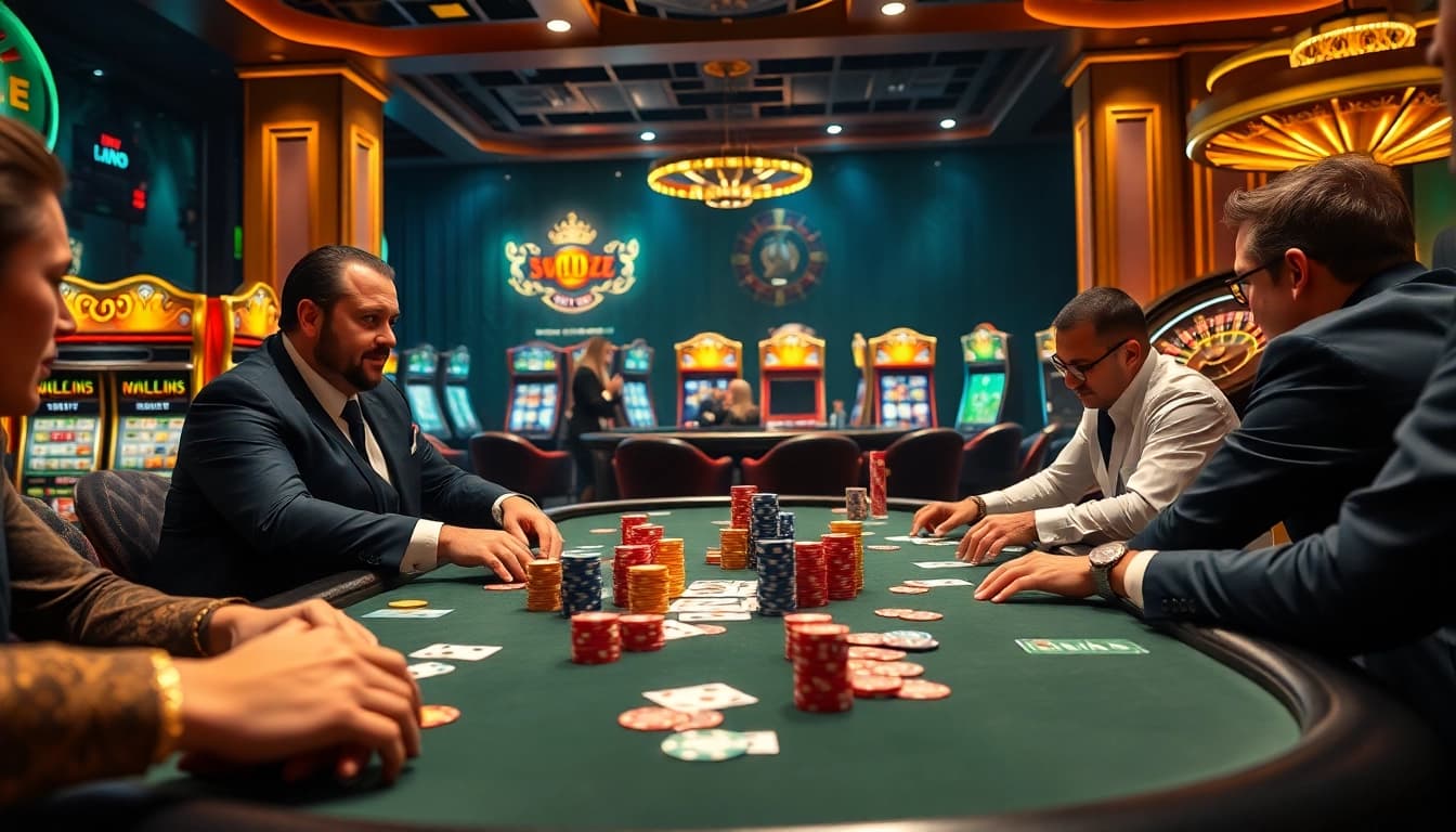 Experience excitement at https://na777unduh.com with players enjoying high-stakes poker in a luxury casino.