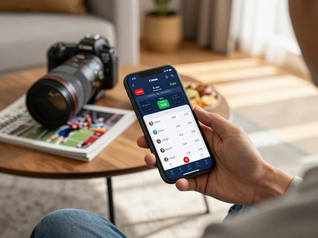 Orang yang menggunakan aplikasi m88 link untuk taruhan olahraga langsung, menampilkan suasana rumah modern.