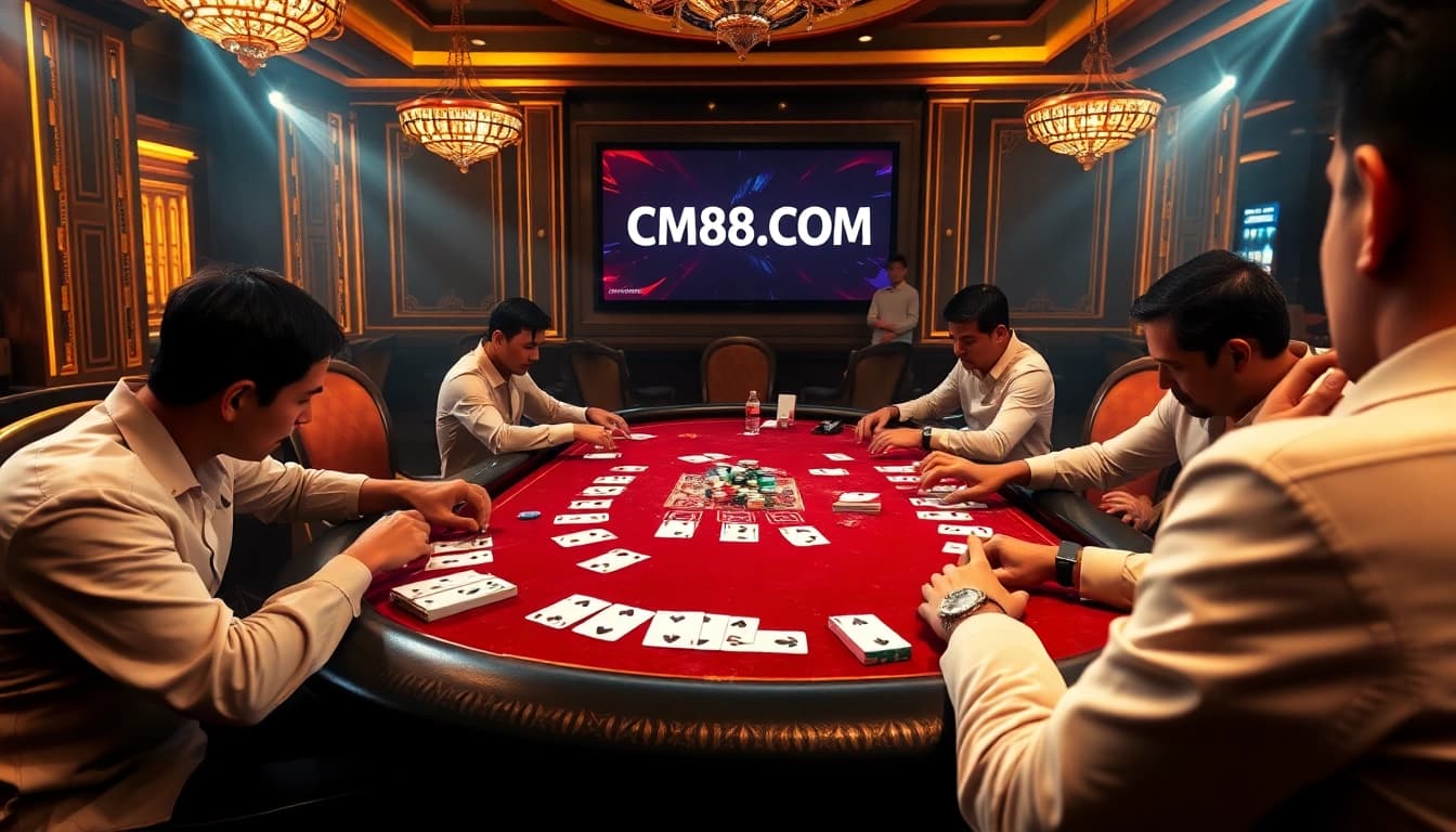Engaging scene at a poker table showcasing luxury and excitement with CM88.COM branding.