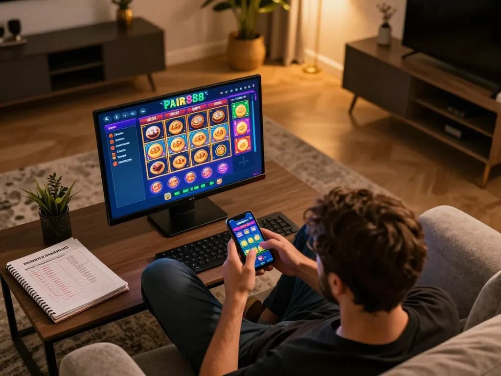 Player enjoying Paris888 on smartphone in a cozy home gaming atmosphere