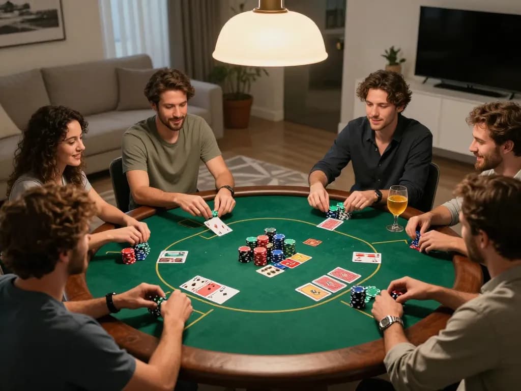 Pakde4D players engaging in intense Texas Hold'em strategy during an exciting home poker night.