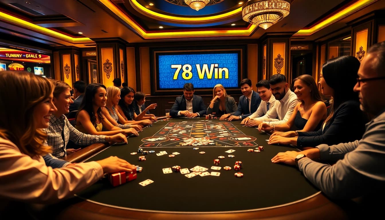 Experience thrilling games at 78 Win casino with vibrant poker tables and excited players.
