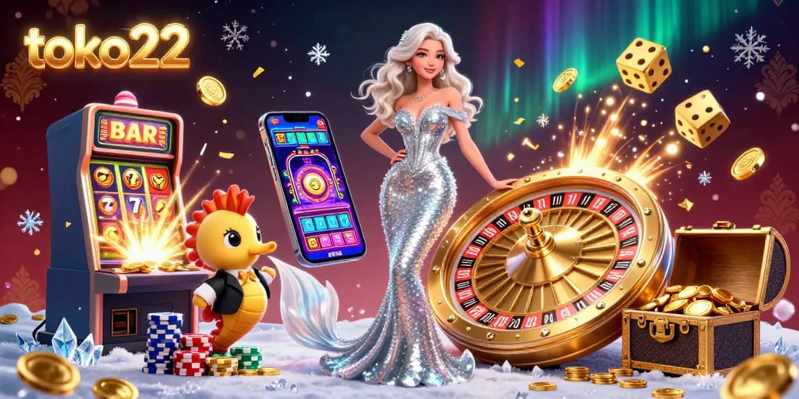 Engage with toko22's vibrant casino scene featuring a glamorous woman and a golden roulette wheel.