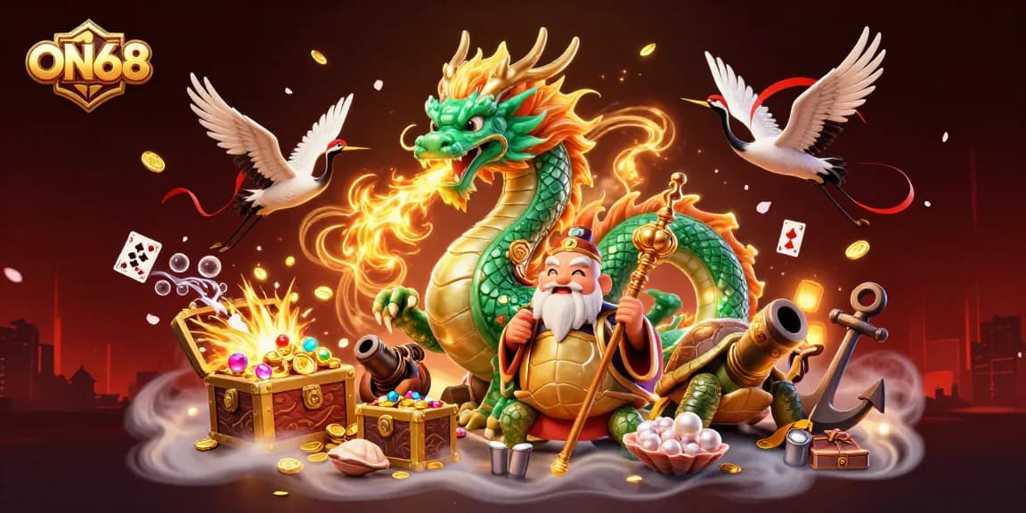 Experience thrilling gaming at ON68 with a jade dragon and treasure in a dynamic casino scene.