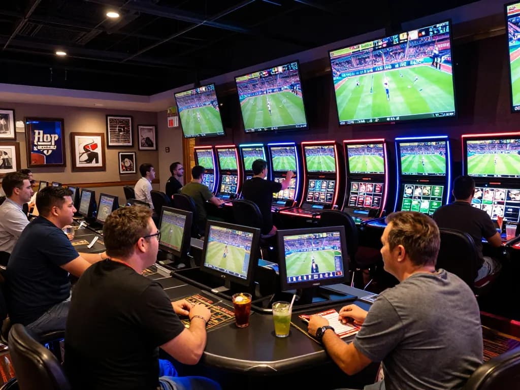 Engaged sports bettors enjoying 90Phut TV live betting at an upscale casino.
