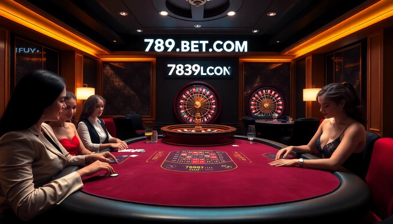 Engaged players at a poker table in a luxury casino atmosphere showcasing 789BET.COM branding.