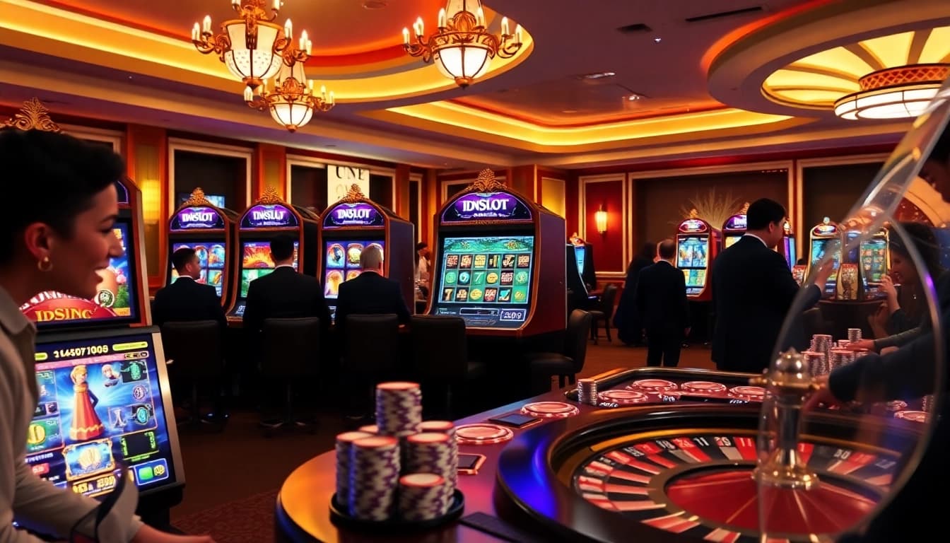 Engaged players celebrating a jackpot at an idnslot gaming table in a vibrant casino environment.