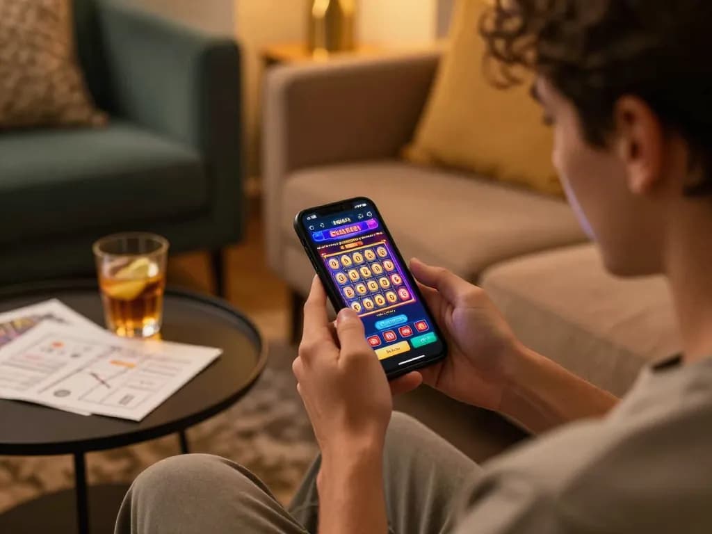 Player enjoying slot gacor games on a smartphone in a cozy home environment.