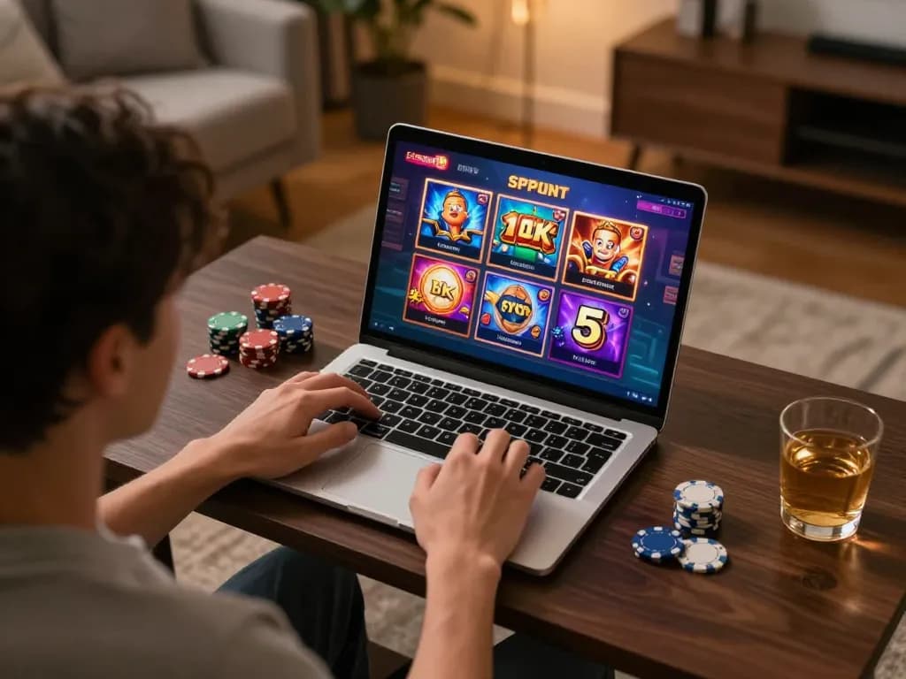 Terlibat dalam permainan online dengan opsi slot deposit 5k yang terlihat di layar laptop, suasana kantor rumah yang nyaman