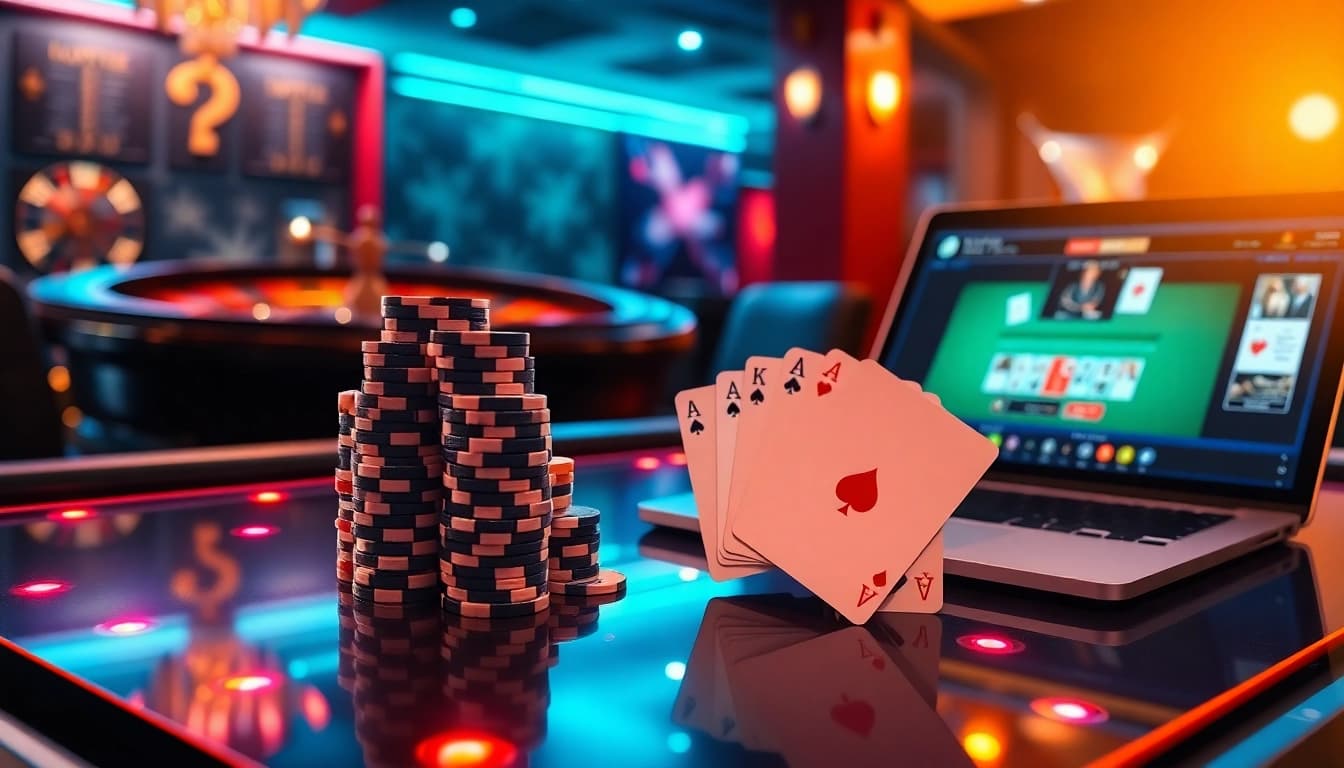 Experience poker online with an exciting digital poker table and vibrant casino elements.