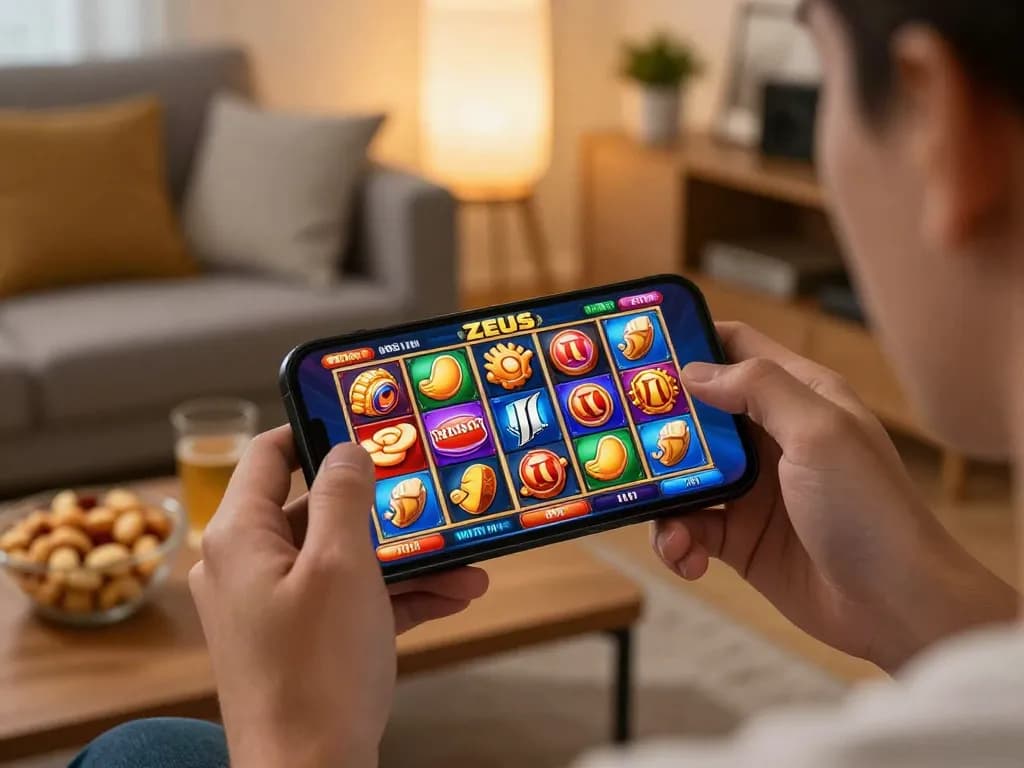 Engaging player spinning the zeus slot on a mobile device in a cozy home environment.