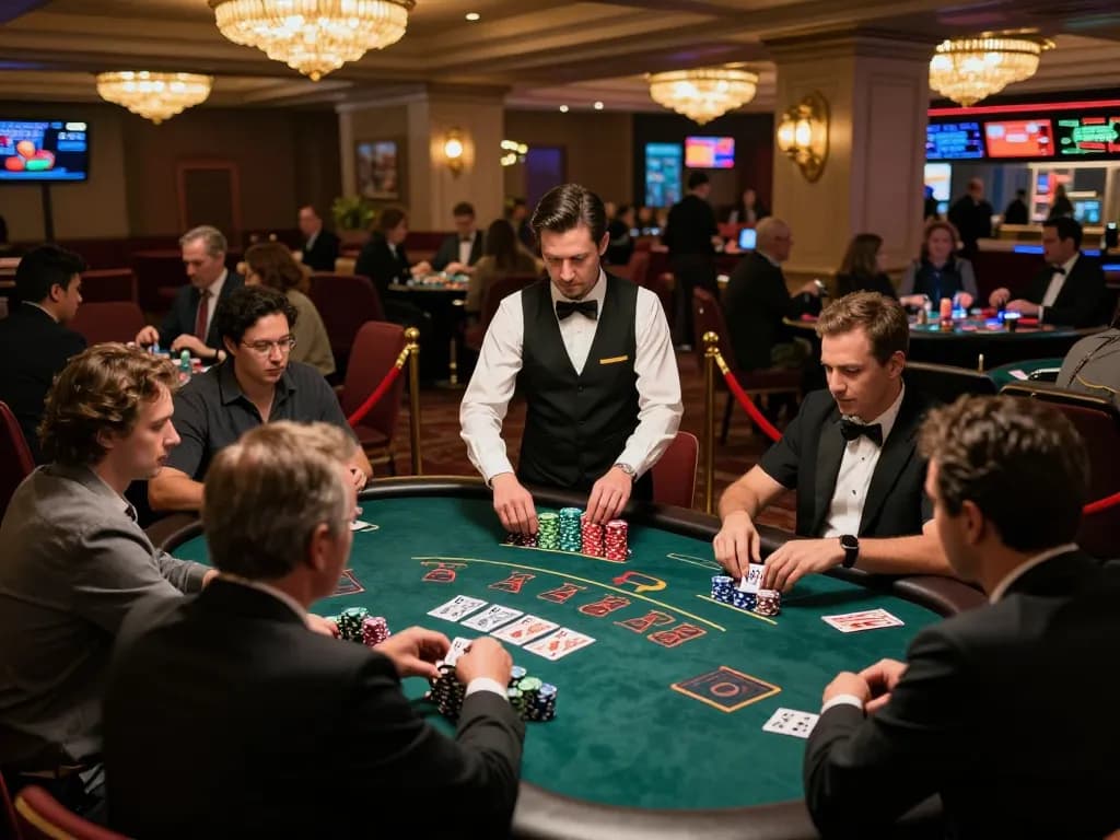 Players engaging in blackjack at 98win vin casino, showcasing a vibrant gaming atmosphere and strategic moments.