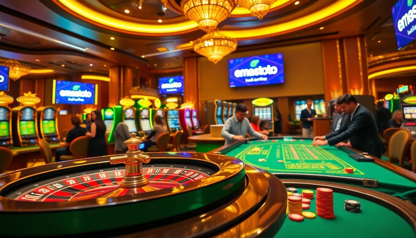 Rasakan sensasi emastoto di kasino mewah, dengan permainan roulette dan mesin slot yang sedang beraksi.