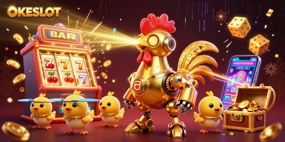 Mainkan slot di OKESLOT dan dapatkan jackpot berkilauan dengan ilustrasi robot ayam emas futuristik.